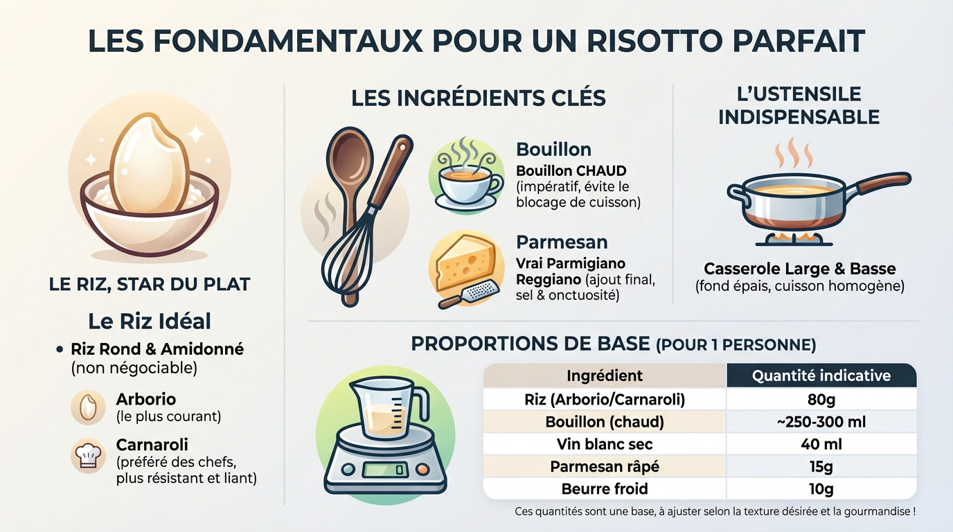 <strong>Ingrédients essentiels pour un risotto</strong> : riz Carnaroli, bouillon chaud et parmesan » style= »width:100%; height:auto; »>
</p>
<p>La <strong>réussite de votre plat</strong> se joue avant même d’allumer le feu.</p>
<h3>Le riz, star incontestée du plat</h3>
<p>Il faut impérativement un riz rond riche en amidon pour un risotto crémeux. Si l’Arborio est classique, <strong>le Carnaroli reste la référence</strong>. C’est le <a href=