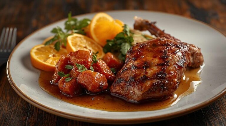 un plat delicieu sucre sale canard a l'orange