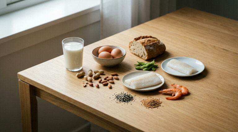 A still life of common food allergens: milk, eggs, peanuts, almonds, bread, edamame, fish, shrimp, sesame, mustard seeds on a wooden table. Soft light, shallow depth of field, subtly unsettling mood.