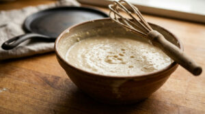 Rustic ceramic bowl of slightly lumpy crêpe batter on wood counter, with a wooden whisk. Blurred pan in background.