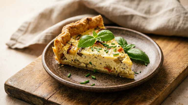 A close-up, artfully plated slice of rustic savory tart with golden crust, creamy filling, and fresh herbs on a ceramic plate and wooden board.