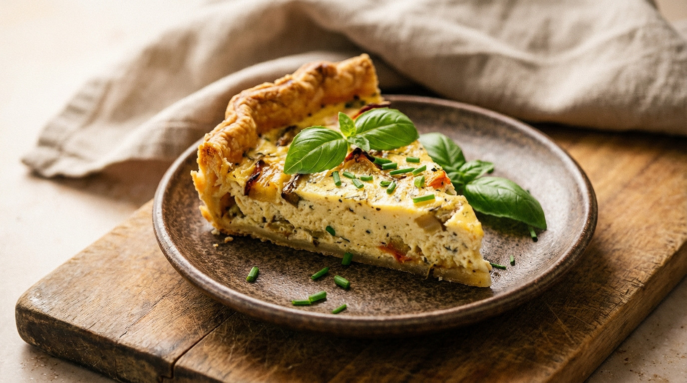 A close-up, artfully plated slice of rustic savory tart with golden crust, creamy filling, and fresh herbs on a ceramic plate and wooden board.