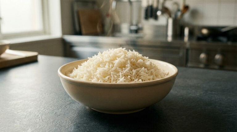Gros plan d'un bol de riz basmati blanc parfaitement cuit, chaque grain distinct, sur une surface sombre de cuisine professionnelle.