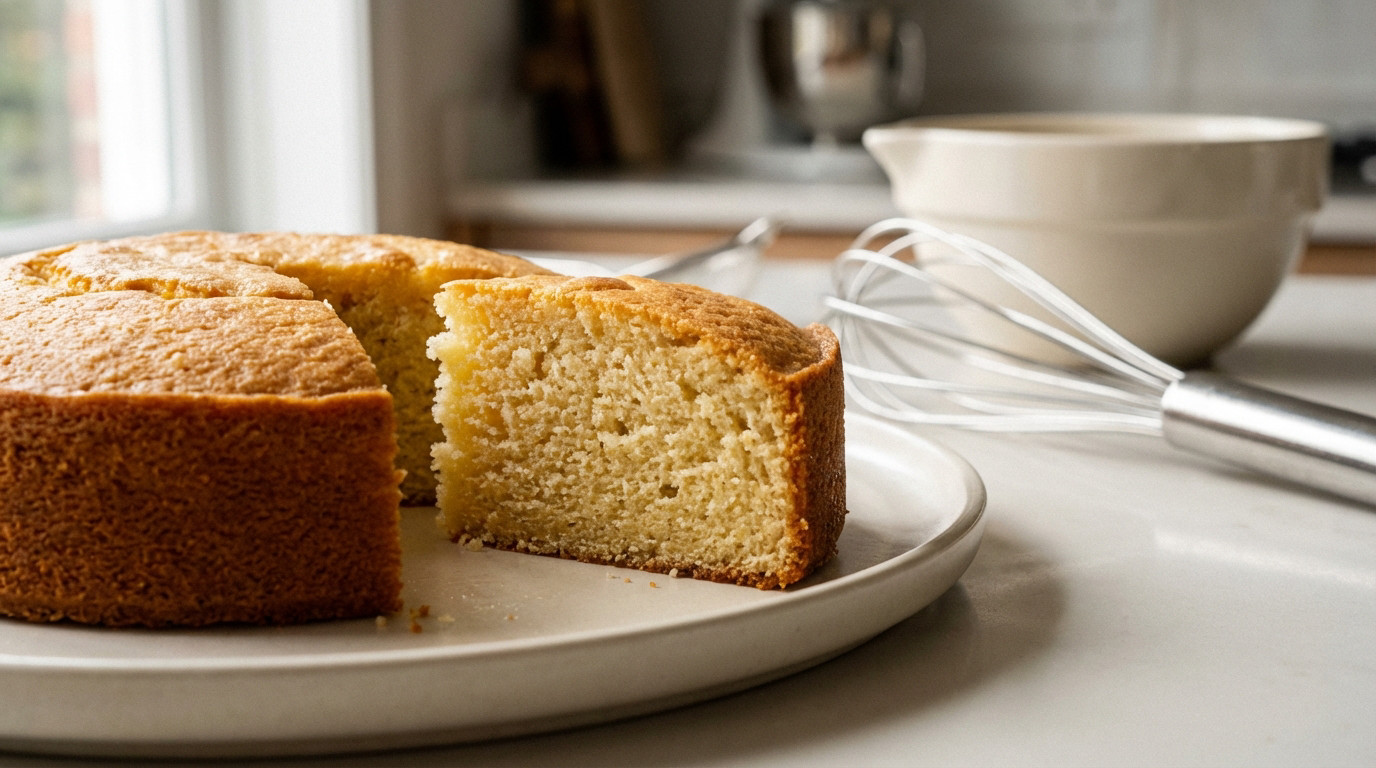 Gros plan d'une tranche de gâteau au yaourt doré et moelleux sur une assiette, avec fouet et bol flous en arrière-plan.