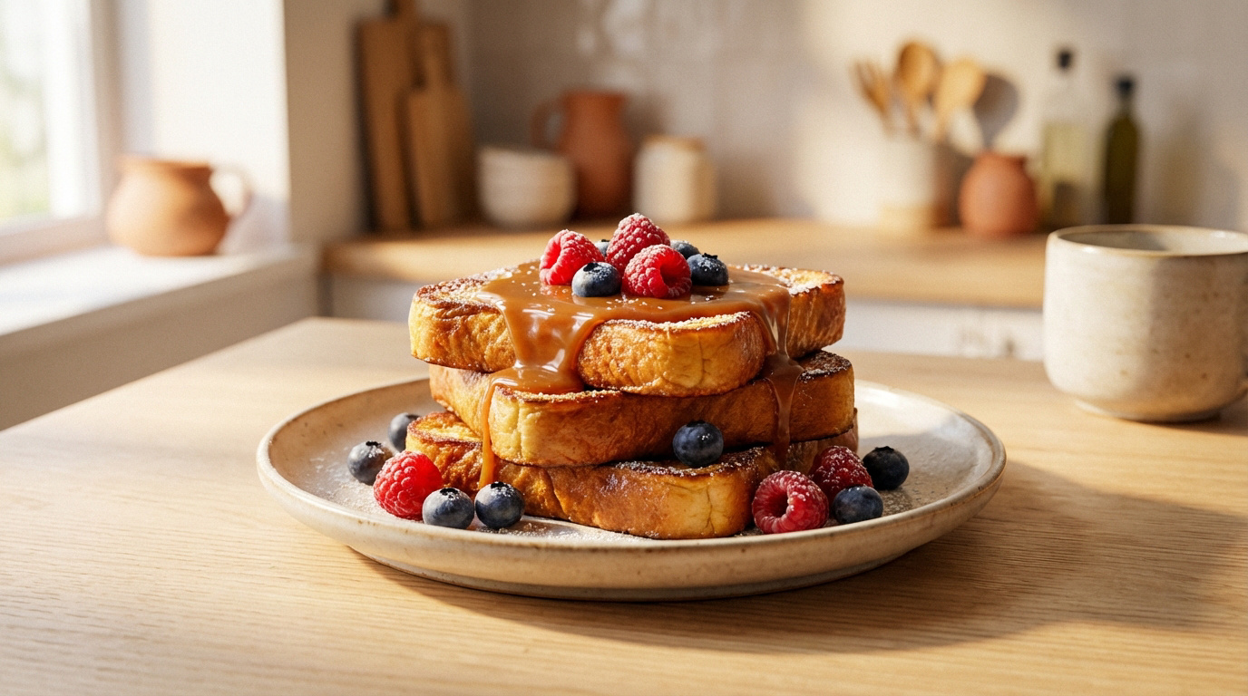 Pile de pain perdu doré, nappé de sauce caramel, garni de framboises et myrtilles, sur une table de cuisine lumineuse.