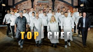 photo des candidats de top chef accompagnés du jury de cuisinier
