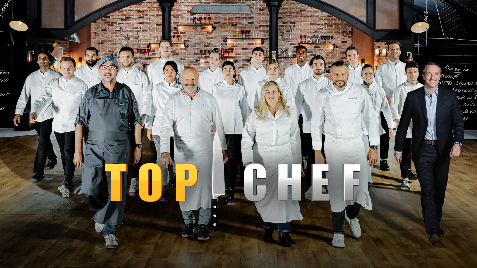 photo des candidats de top chef accompagnés du jury de cuisinier