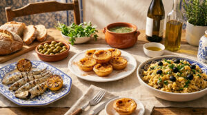 photo de plats portugais posés sur une table a manger