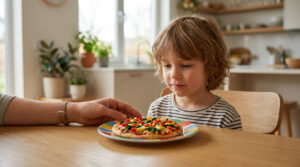 un enfant devant son repas qui ne veut pas manger