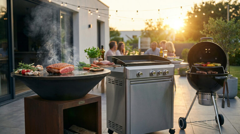 plancha barbecue brasero installé sur une terasse en été