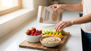 personne qui prepare son petit dejeuner avec des fruits